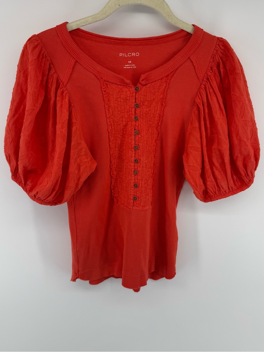 Pilcro Vibrant Poppy Red Puff Sleeve Belle Henley with Lace Placket